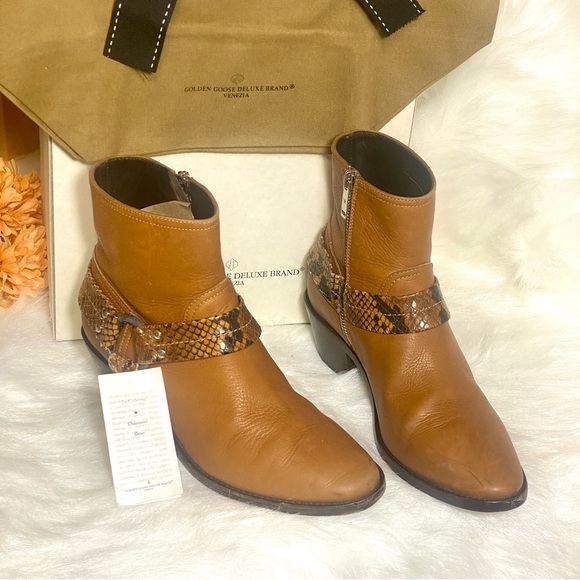 Golden Goose Bretagne Brown Leather Snakeskin Ankle Boots ~Western Moto Boots GG - Picture 6 of 16